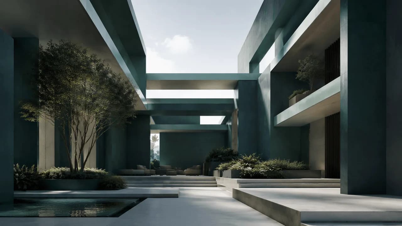Abstract architectural blocks forming an open courtyard, representing the structured elements of a Kenyan plaint.