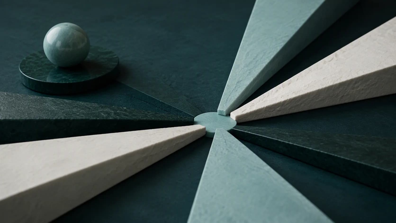 An abstract sequence of precise teal and off-white stone forms converging at a single point on a deep-green surface.