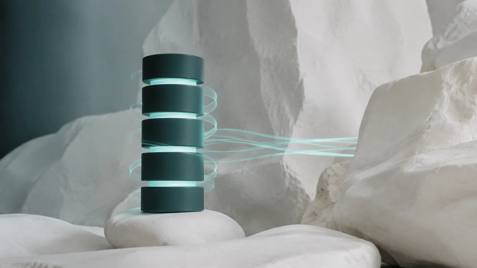 A sequence of abstract teal layers travels securely through a deep-green architectural channel.