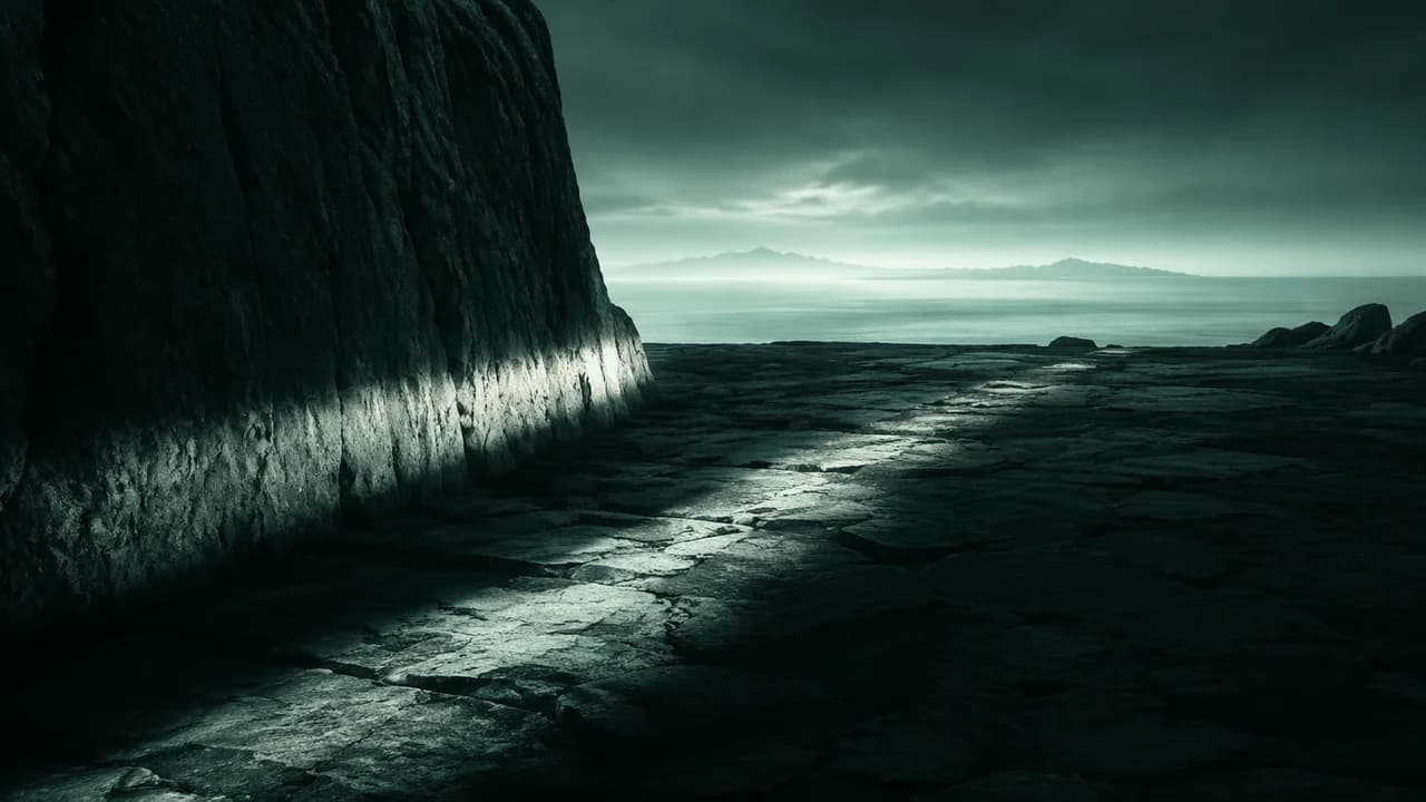 A focused pale beam crossing dark stone toward a teal horizon, representing clear legal submissions.