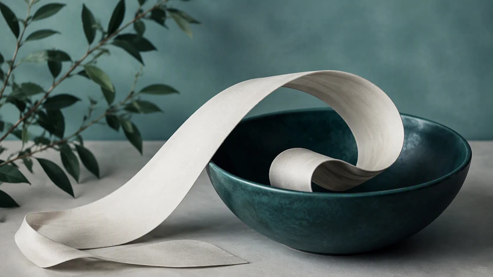A calm teal current loops back through layered deep-green forms into a bright off-white space.